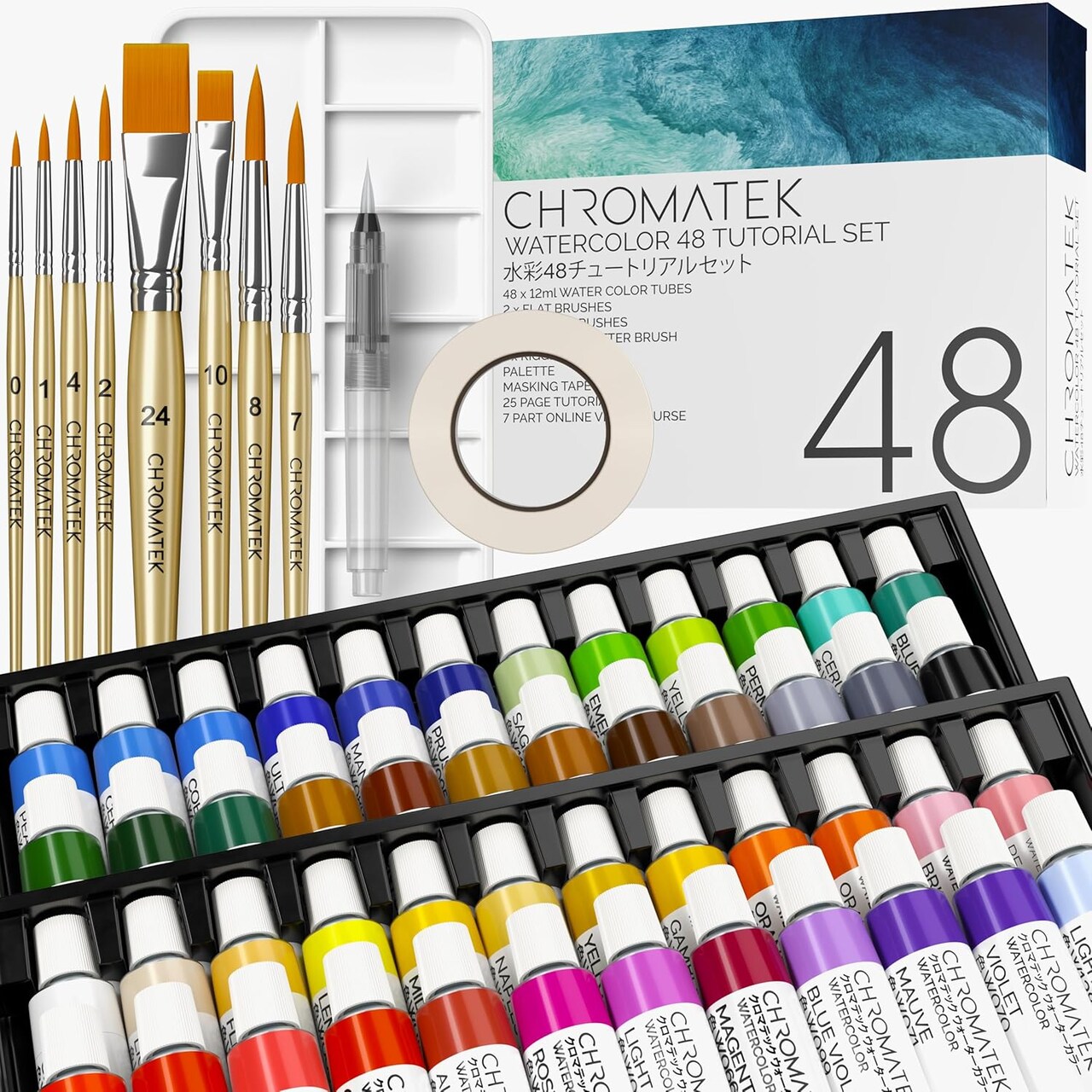 Watercolor Paint Set, 84 Piece Kit, Video Tutorial Course, 48 Tubes, from Beginner to Intermediate & Professional Artists, Paper, 8 Brushes, Palette, Aquapen, Masking Tape, 12ml Tubes